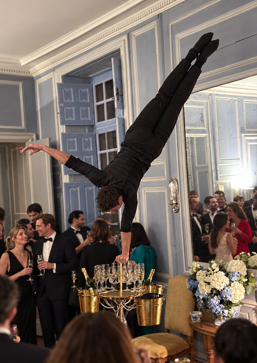 Contorsion service champagne — Le champagne servi par une contorsionniste, au plus près de vos invités.