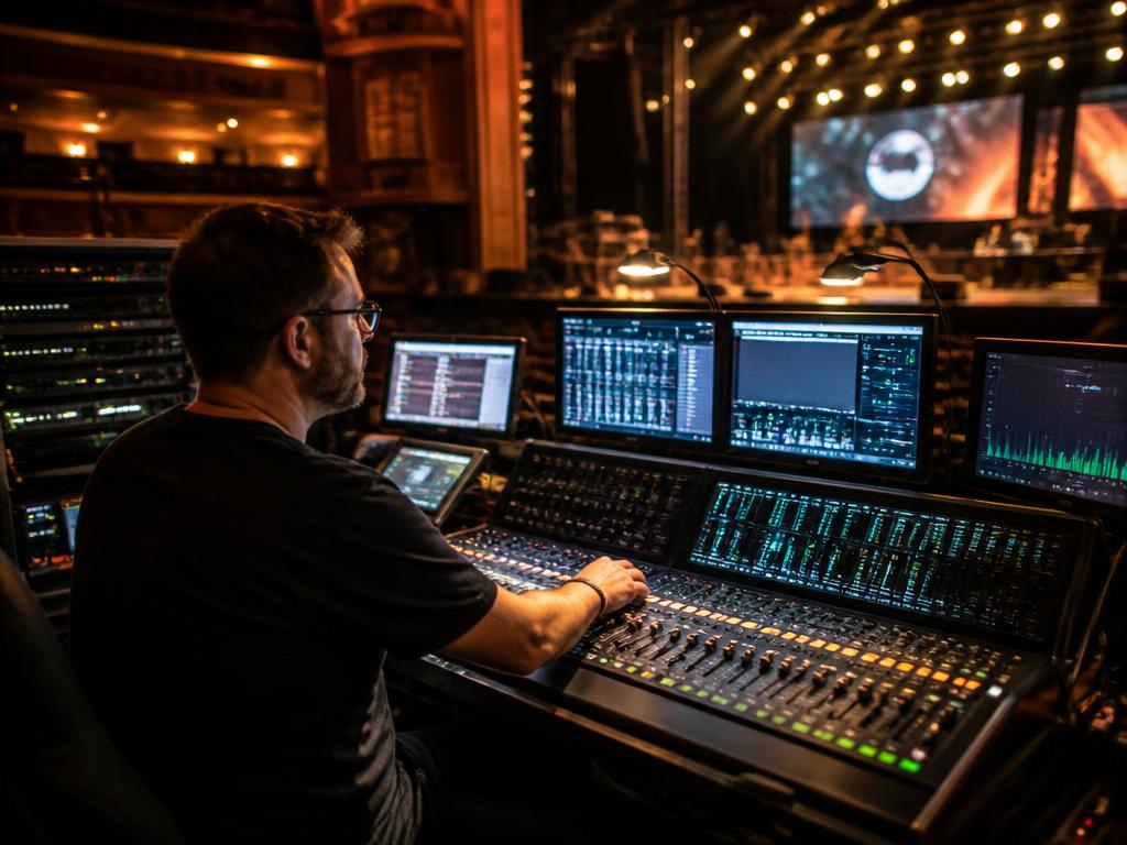 Régisseur son au pupitre de mixage dans une salle de spectacle